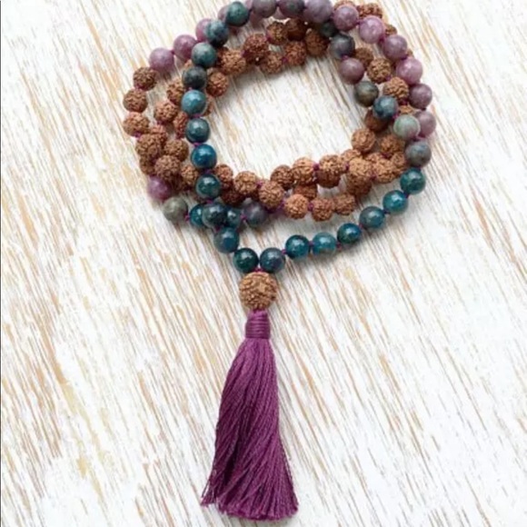 Mixed Gemstone and Rudraksha Seed Mala 8mm - Picture 3 of 11